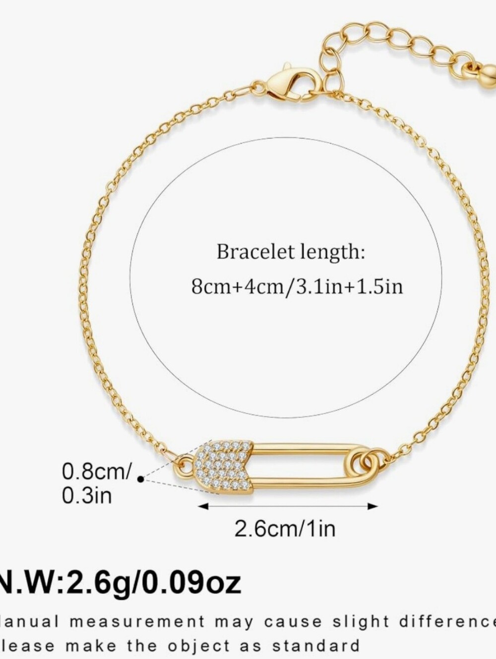 NWT Gold Tone Cubic Zirconia Safety Pin Chain Bracelet - Picture 3 of 5